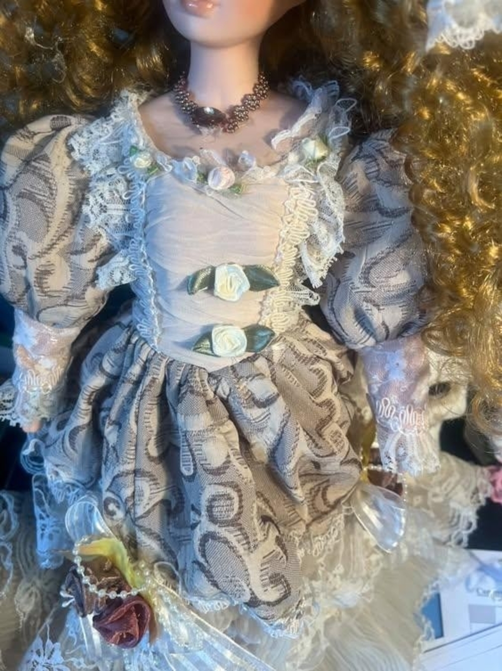 Porcelain Collectible Doll in Cream and Beige Lace Dress